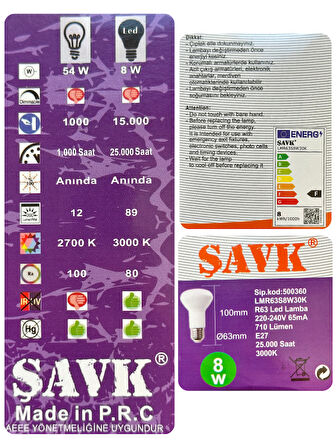 (10 Adet) Şavk 8W (54W) Sarı Işık (3000K) E27 Duylu (Kalın Duy) Led R63 Ampul