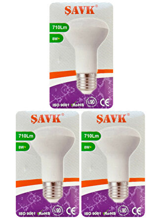(3 Adet) Şavk 8W (54W) Sarı Işık (3000K) E27 Duylu (Kalın Duy) Led R63 Ampul