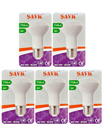 (5 Adet) Şavk 8W (54W) Sarı Işık (3000K) E27 Duylu (Kalın Duy) Led R63 Ampul