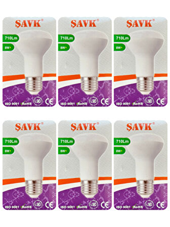 (6 Adet) Şavk 8W (54W) Sarı Işık (3000K) E27 Duylu (Kalın Duy) Led R63 Ampul