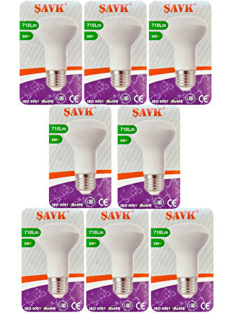 (8 Adet) Şavk 8W (54W) Sarı Işık (3000K) E27 Duylu (Kalın Duy) Led R63 Ampul