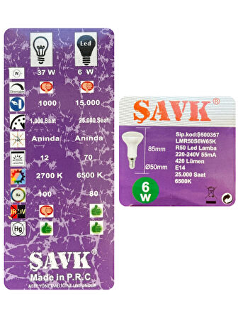 (1 Adet) Şavk 6W (37W) Beyaz Işık (6500K) E14 Duylu (İnce Duy) Led R50 Ampul