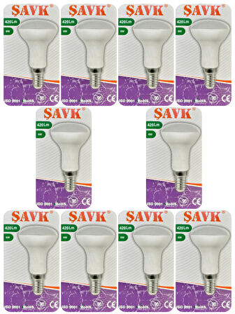 (10 Adet) Şavk 6W (37W) Beyaz Işık (6500K) E14 Duylu (İnce Duy) Led R50 Ampul