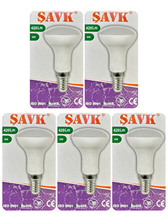 (5 Adet) Şavk 6W (37W) Beyaz Işık (6500K) E14 Duylu (İnce Duy) Led R50 Ampul