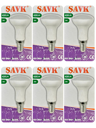 (6 Adet) Şavk 6W (37W) Beyaz Işık (6500K) E14 Duylu (İnce Duy) Led R50 Ampul