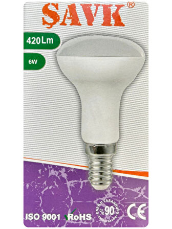 (6 Adet) Şavk 6W (37W) Beyaz Işık (6500K) E14 Duylu (İnce Duy) Led R50 Ampul