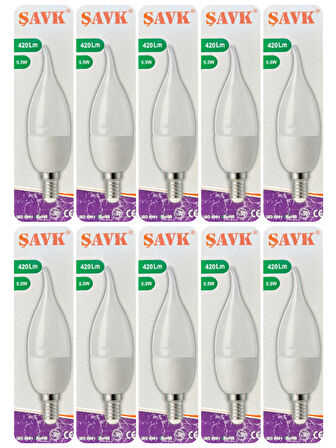 (10 Adet) Şavk 5,5W (37W) Beyaz Işık (6500K) E14 Duylu (İnce Duy) Led Kıvrık Ampul