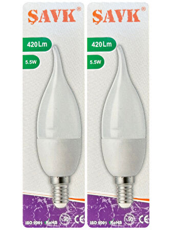 (2 Adet) Şavk 5,5W (37W) Beyaz Işık (6500K) E14 Duylu (İnce Duy) Led Kıvrık Ampul