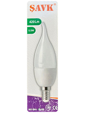 (2 Adet) Şavk 5,5W (37W) Beyaz Işık (6500K) E14 Duylu (İnce Duy) Led Kıvrık Ampul