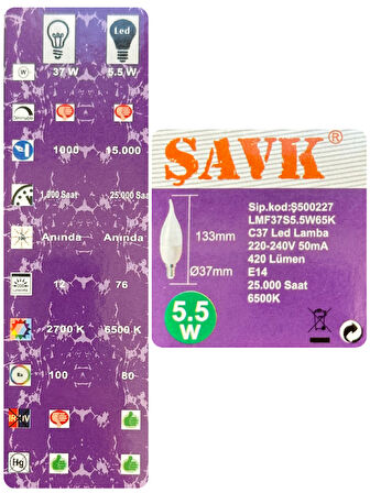 (4 Adet) Şavk 5,5W (37W) Beyaz Işık (6500K) E14 Duylu (İnce Duy) Led Kıvrık Ampul