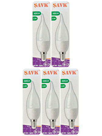 (5 Adet) Şavk 5,5W (37W) Beyaz Işık (6500K) E14 Duylu (İnce Duy) Led Kıvrık Ampul