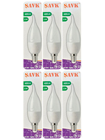 (6 Adet) Şavk 5,5W (37W) Beyaz Işık (6500K) E14 Duylu (İnce Duy) Led Kıvrık Ampul