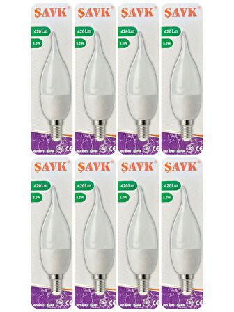 (8 Adet) Şavk 5,5W (37W) Beyaz Işık (6500K) E14 Duylu (İnce Duy) Led Kıvrık Ampul