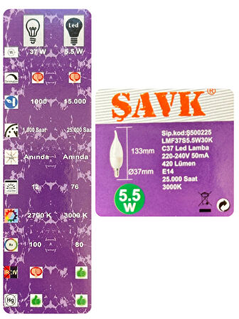 (10 Adet) Şavk 5,5W (37W) Sarı Işık (3000K) E14 Duylu (İnce Duy) Led Kıvrık Ampul