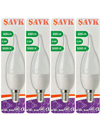 (4 Adet) Şavk 5,5W (37W) Sarı Işık (3000K) E14 Duylu (İnce Duy) Led Kıvrık Ampul