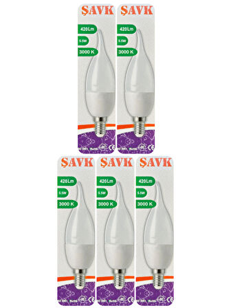 (5 Adet) Şavk 5,5W (37W) Sarı Işık (3000K) E14 Duylu (İnce Duy) Led Kıvrık Ampul