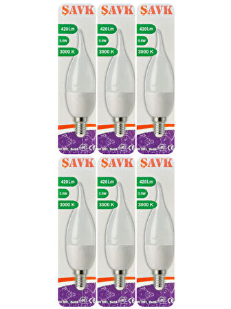 (6 Adet) Şavk 5,5W (37W) Sarı Işık (3000K) E14 Duylu (İnce Duy) Led Kıvrık Ampul