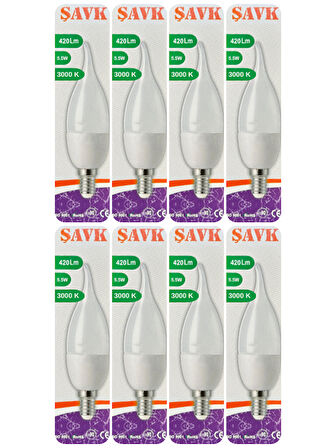 (8 Adet) Şavk 5,5W (37W) Sarı Işık (3000K) E14 Duylu (İnce Duy) Led Kıvrık Ampul