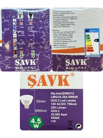 (4 Adet) Şavk 12Volt AC/DC 4,5W (22W) Beyaz Işık (6500K) GU5.3 Duylu (İğne Bacak) Led Çanak Ampul