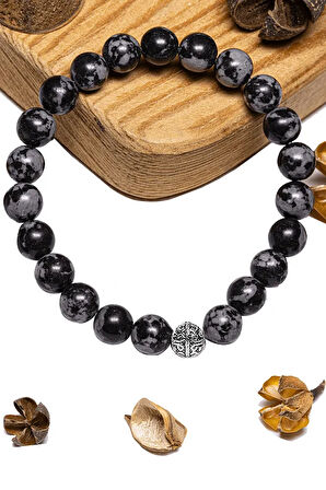 Sertifikalı Karlı Obsidyen Taşı Bileklik - Gümüş Aparatlı