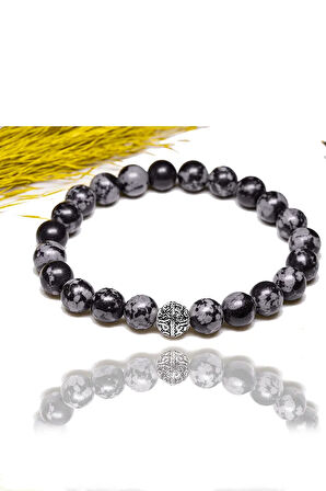 Sertifikalı Karlı Obsidyen Taşı Bileklik - Gümüş Aparatlı