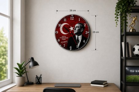 Atatürk ve Türk Bayrağı Temalı 28 Cm Dekoratif Duvar Saati Ev Ofis Okul Duvar Saati