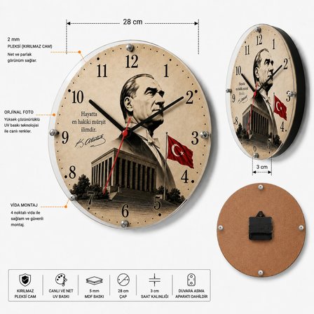 Atatürk Temalı Duvar Saati | Türk Bayraklı Dekoratif Saat | 5 Mm MDF | Kırılmaz Pleksi Camlı |