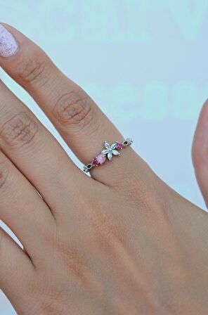 Gümüş Renkli Mini Çiçekli İnce Yüzük Eklem Yüzüğü