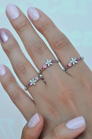 Gümüş Renkli Mini Çiçekli İnce Yüzük Eklem Yüzüğü