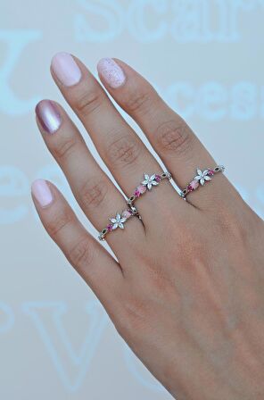 Gümüş Renkli Mini Çiçekli İnce Yüzük Eklem Yüzüğü