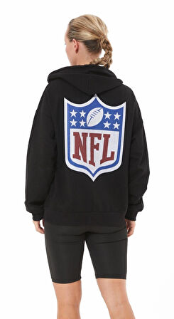 Siyah Kanguru Cep NFL Baskılı Fermuarlı Sweatshirt