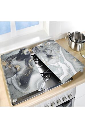 Dekoratif Cam Ocak Koruyucu ve Kesim Tahtası Gri Altın Mermer (60cm x 52cm) 2 Parça, 4'lü Ocaklar