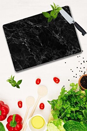 Dekoratif Cam Kesme Tahtası 30cm x 40cm Siyah Mermer