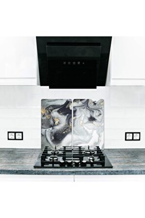 Dekoratif Cam Ocak Koruyucu ve Kesim Tablası Gri Altın Mermer 60cm x 52cm 2 Parça, 4'lü Ocaklar