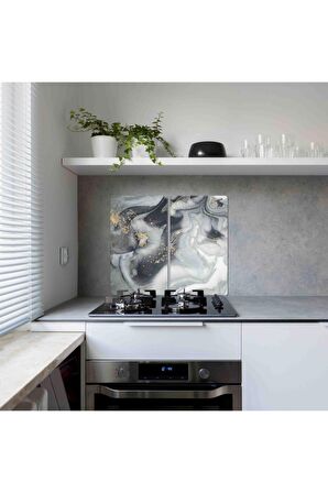 Dekoratif Cam Ocak Koruyucu ve Kesim Tablası Gri Altın Mermer 60cm x 52cm 2 Parça, 4'lü Ocaklar