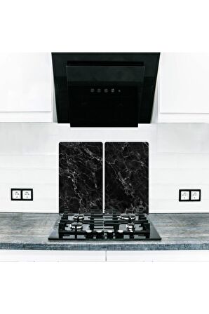 Dekoratif Cam Ocak Koruyucu ve Kesim Tablası Siyah Mermer 60cm x 52cm 2 Parça, 4'lü Ocaklar