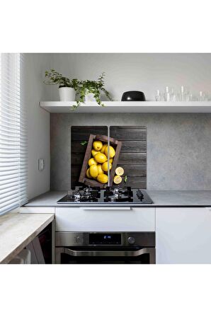 Dekoratif Cam Ocak Koruyucu ve Kesim Tablası Kasa Limon 60cm x 52cm 2 Parça, 4'lü Ocaklar