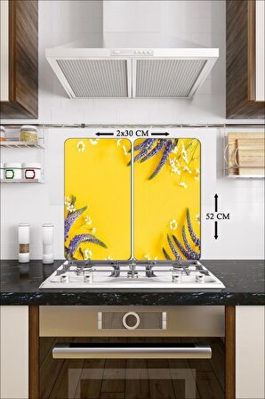 Dekoratif  Cam Ocak Koruyucu ve Kesim Tablası Sarı Karanfil 60cm x 52cm 2 Parça, 4'lü Ocaklar
