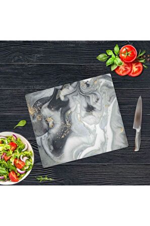 Dekoratif Cam Kesme Tahtası Gri Altın Mermer 29 x 34 cm | Cam Kesme Tablası