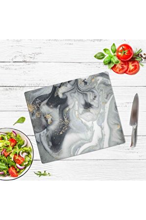 Dekoratif Cam Kesme Tahtası Gri Altın Mermer 29 x 34 cm | Cam Kesme Tablası
