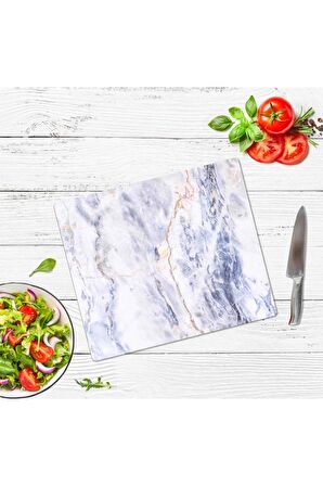 Dekoratif Cam Kesme Tahtası Mavi Mermer 29 x 34 cm | Cam Kesme Tablası