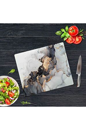 Dekoratif Cam Kesme Tahtası Siyah Yaldızlı Mermer 29 x 34 cm | Cam Kesme Tablası