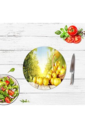 Dekoratif Cam Kesme Tahtası Limon Sepeti Çap 32 cm | Cam Kesme Tablası