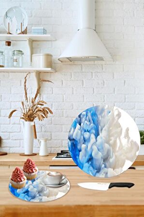 Dekoratif Cam Kesme Tahtası Mavi Duman Çap 32 cm | Cam Kesme Tablası