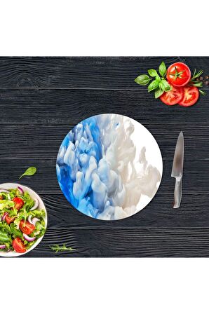 Dekoratif Cam Kesme Tahtası Mavi Duman Çap 32 cm | Cam Kesme Tablası