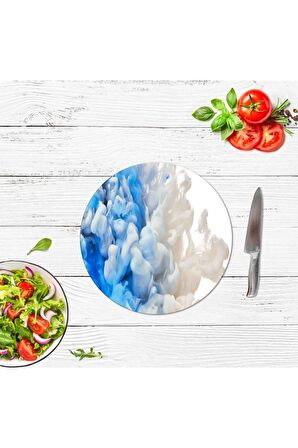 Dekoratif Cam Kesme Tahtası Mavi Duman Çap 32 cm | Cam Kesme Tablası