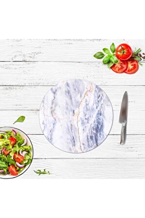 Dekoratif Cam Kesme Tahtası Mavi Mermer Çap 32 cm | Cam Kesme Tablası