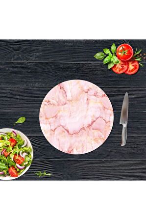 Dekoratif Cam Kesme Tahtası Pembe Mermer Çap 32 cm | Cam Kesme Tablası