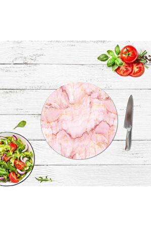 Dekoratif Cam Kesme Tahtası Pembe Mermer Çap 32 cm | Cam Kesme Tablası