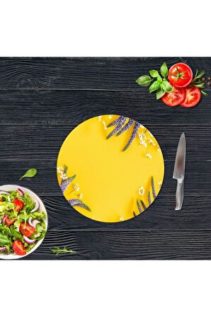 Dekoratif Cam Kesme Tahtası Sari Karanfil Çap 32 cm | Cam Kesme Tablası